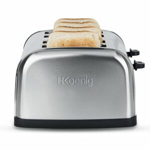 H.Koenig Grille-pain TOS14 4 tranches larges fentes vintage en acier inoxydable, 6 niveaux de brunissage, décongélation rapide et homogène, pain et viennoiseries, nettoyage facile, 1500 W

