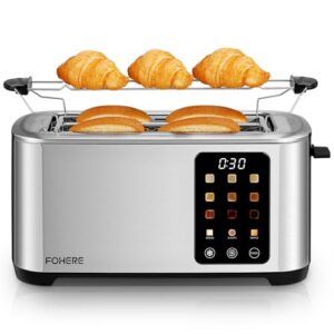 Grille Pain 4 Tranches, Longue Fente Toaster avec écran Tactile, 9 Niveaux de Dorage, 3 Types de Pain, Inox Grille Pain, Tiroir Ramasse Miettes Amovible, D'annulation/Décongélation/Réchauffage, Argent