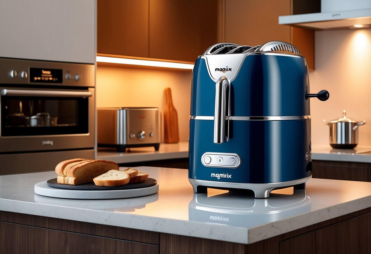 Un grille-pain Magimix élégant est posé sur un comptoir de cuisine moderne, entouré d'appareils stylés et d'une ambiance chaleureuse et accueillante.