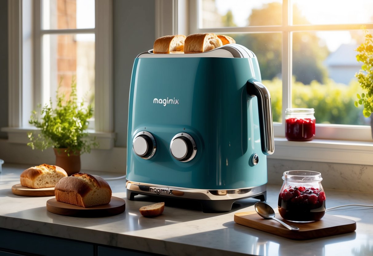 Un grille-pain Magimix moderne et élégant est posé sur un plan de travail de cuisine, entouré de pain fraîchement cuit et d'un pot de confiture. La lumière du matin pénètre par la fenêtre, projetant une lueur chaleureuse sur l'appareil.