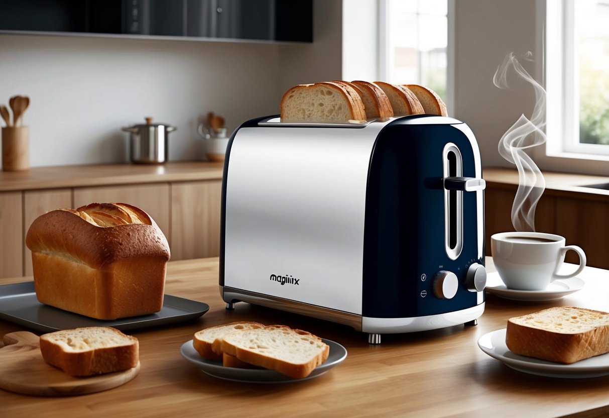 Un grille-pain Magimix élégant repose sur un plan de travail de cuisine moderne, entouré de pain fraîchement cuit et d'une tasse de café fumante.