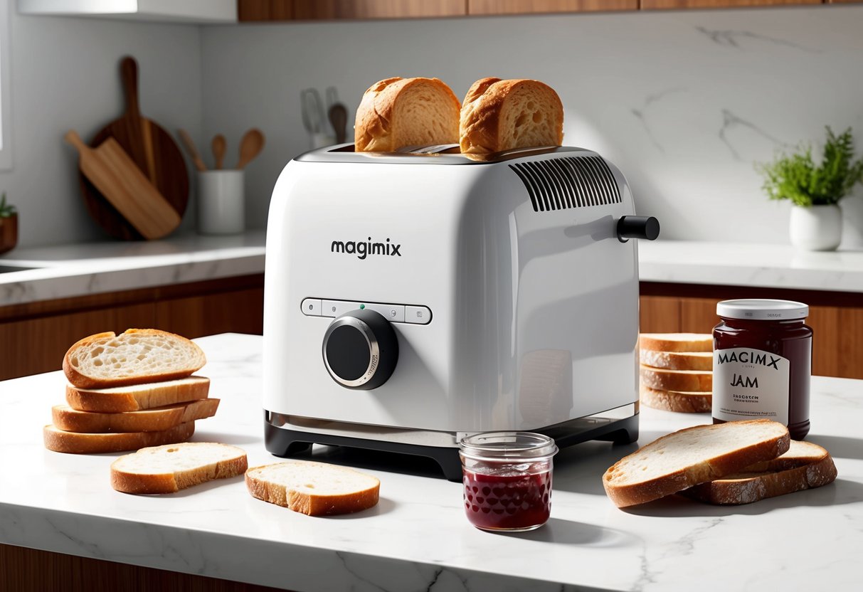 Un comptoir de cuisine moderne avec un grille-pain Magimix élégant au centre, entouré de diverses tranches de pain et d'un pot de confiture.