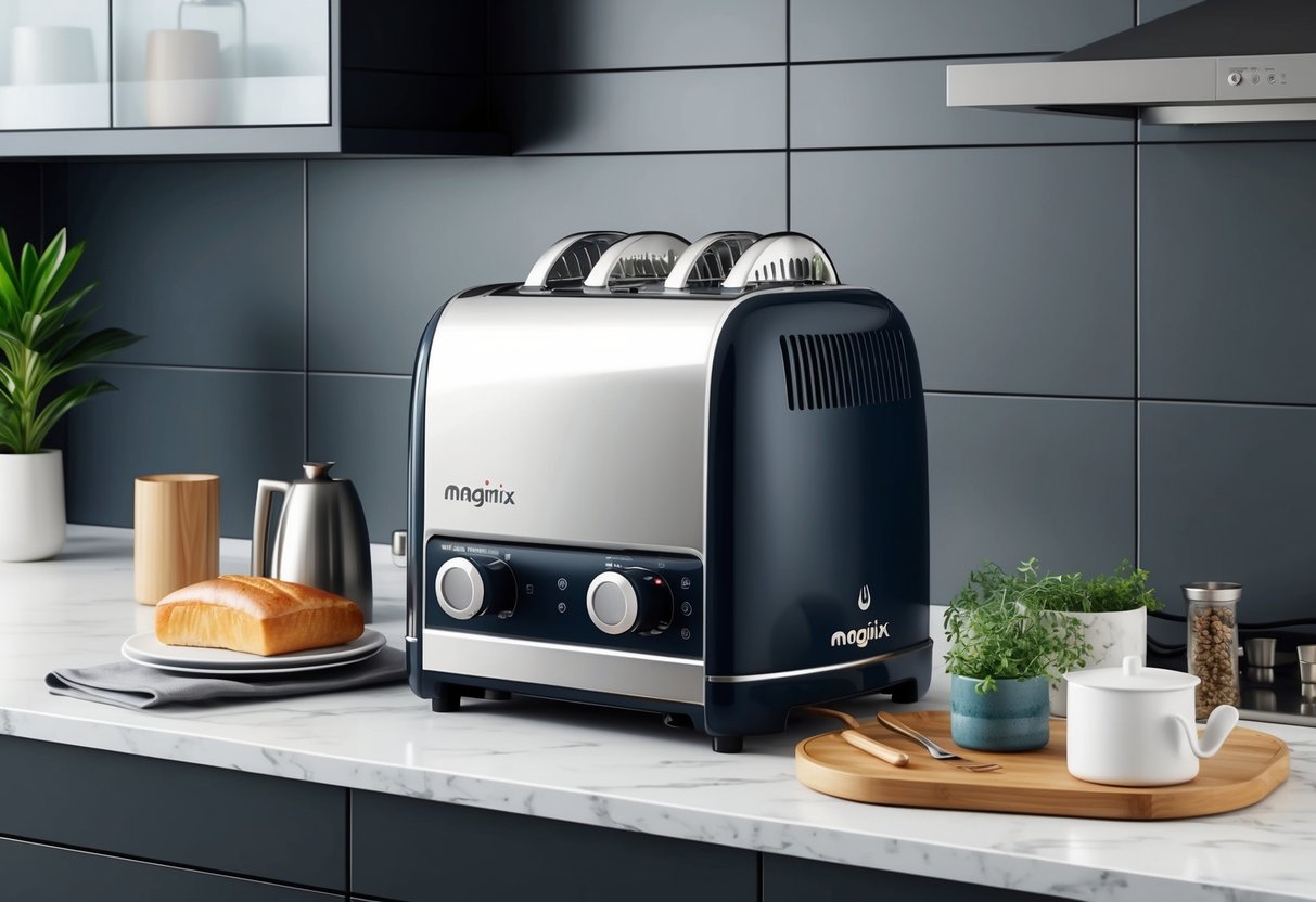 Un plan de travail de cuisine moderne avec un grille-pain Magimix élégant entouré de divers accessoires et articles complémentaires.