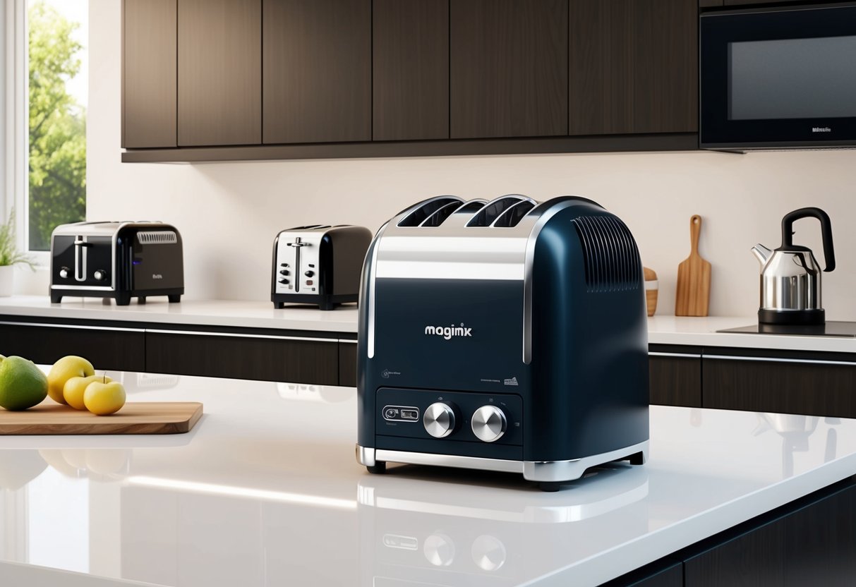 Une cuisine moderne avec un grille-pain Magimix élégant sur un plan de travail propre, entouré d'autres appareils élégants.