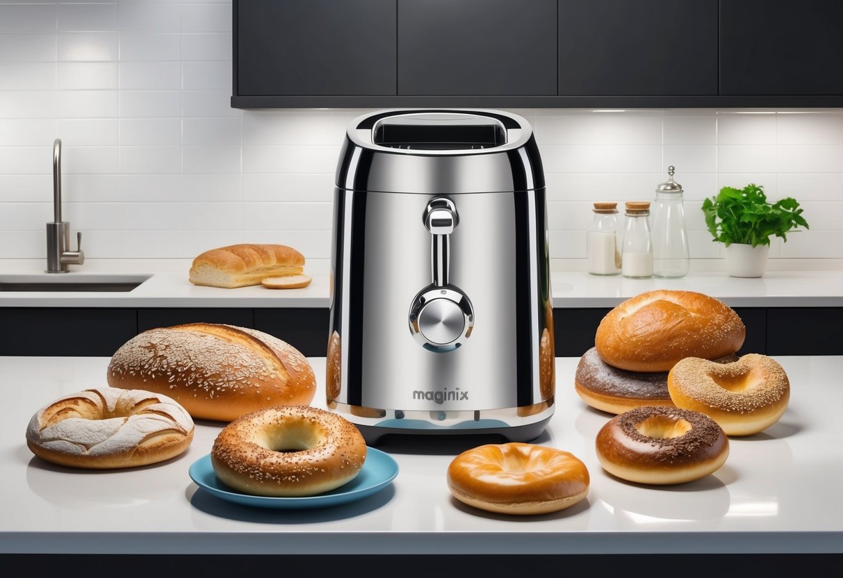 Un comptoir de cuisine moderne avec un grille-pain Magimix élégant au centre, entouré de divers pains, bagels et pâtisseries.