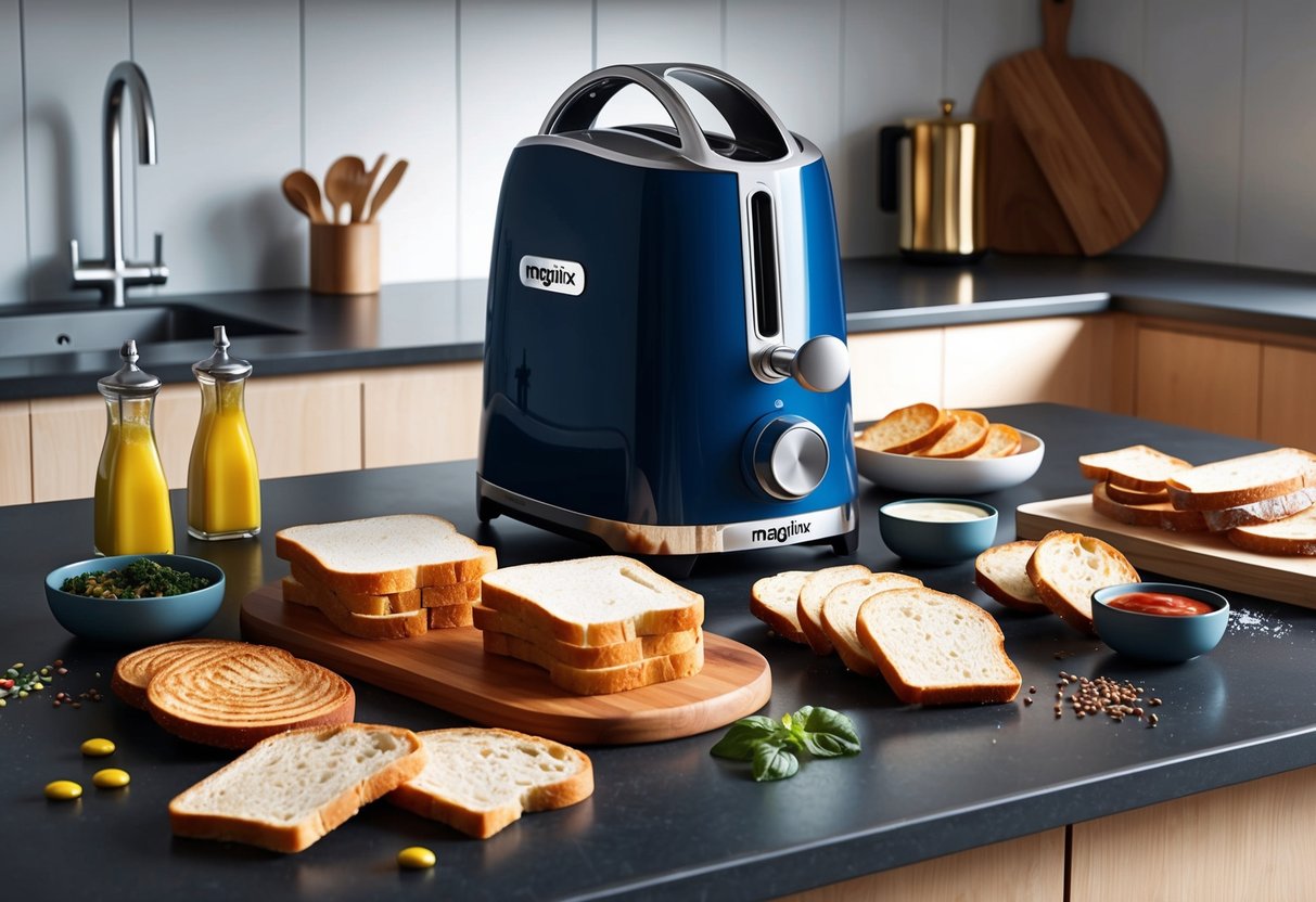 Un comptoir de cuisine moderne avec un grille-pain Magimix élégant, entouré de différentes tranches de pain et d'un assortiment de condiments.