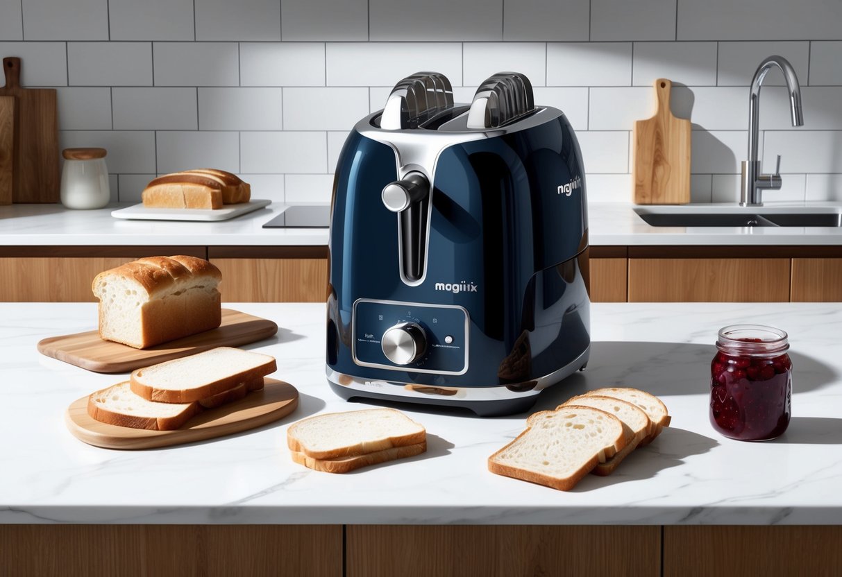 Un plan de travail de cuisine moderne avec un grille-pain Magimix élégant entouré de diverses tranches de pain et d'un pot de confiture